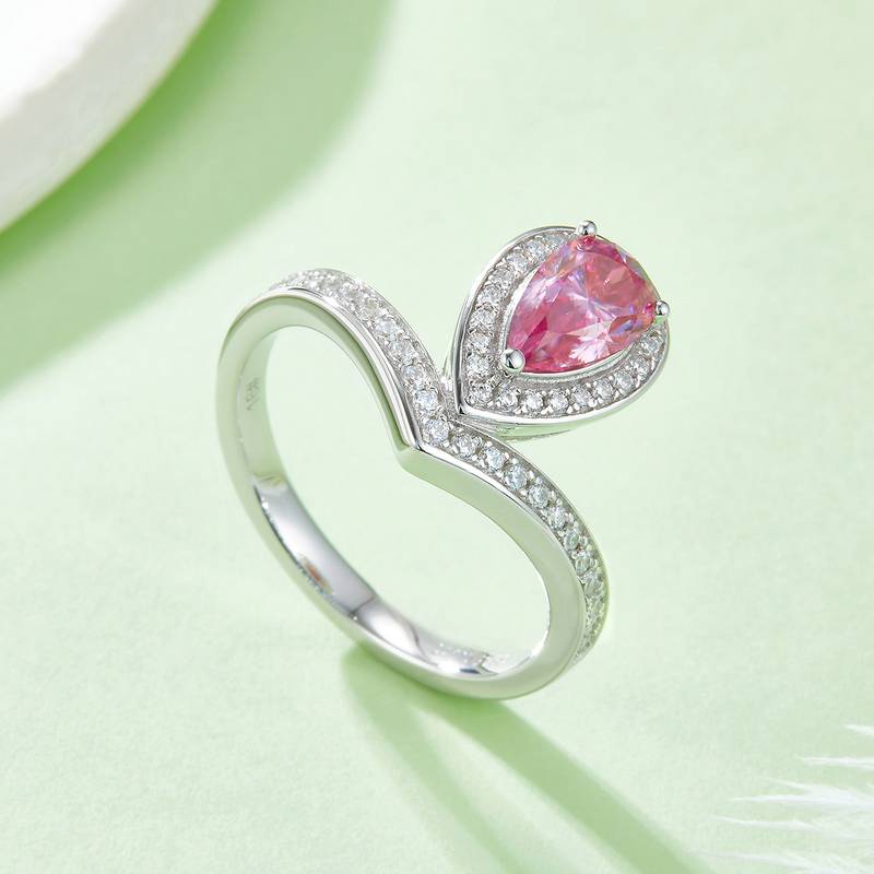 V字虎边水滴S925银镀白金彩色MoissaniteWomen's Ring1ctD级